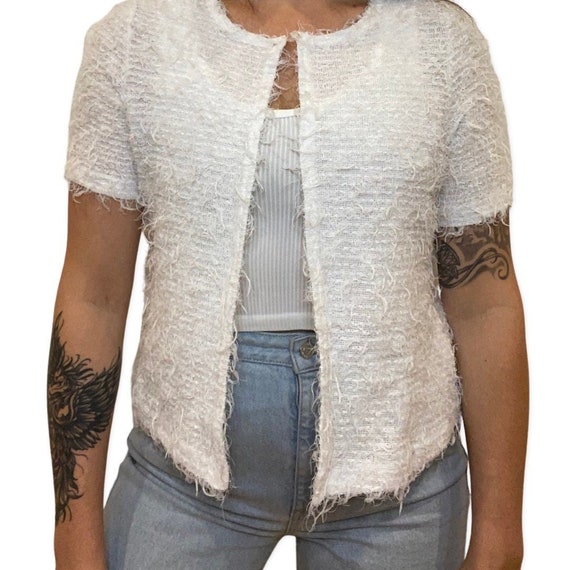 White Fuzzy Top, Button Up Short Sleeve Cardigan,… - image 4