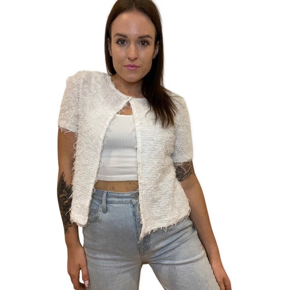 White Fuzzy Top, Button Up Short Sleeve Cardigan,… - image 2