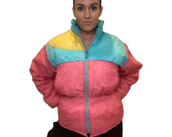 Kurtka narciarska z lat 80., kurtka zimowa retro, różowy płaszcz zimowy, ciepła kurtka, kurtka narciarska retro, rozmiar średni, kurtka narciarska z lat 80., kurtka snowboardowa