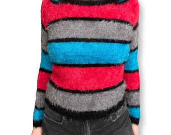 Y2K Fuzzy Sweater XS, Stripped Sweater, Pullover, Blue, Red, Black, 2000's Fashion, Streetwear, Women's Top