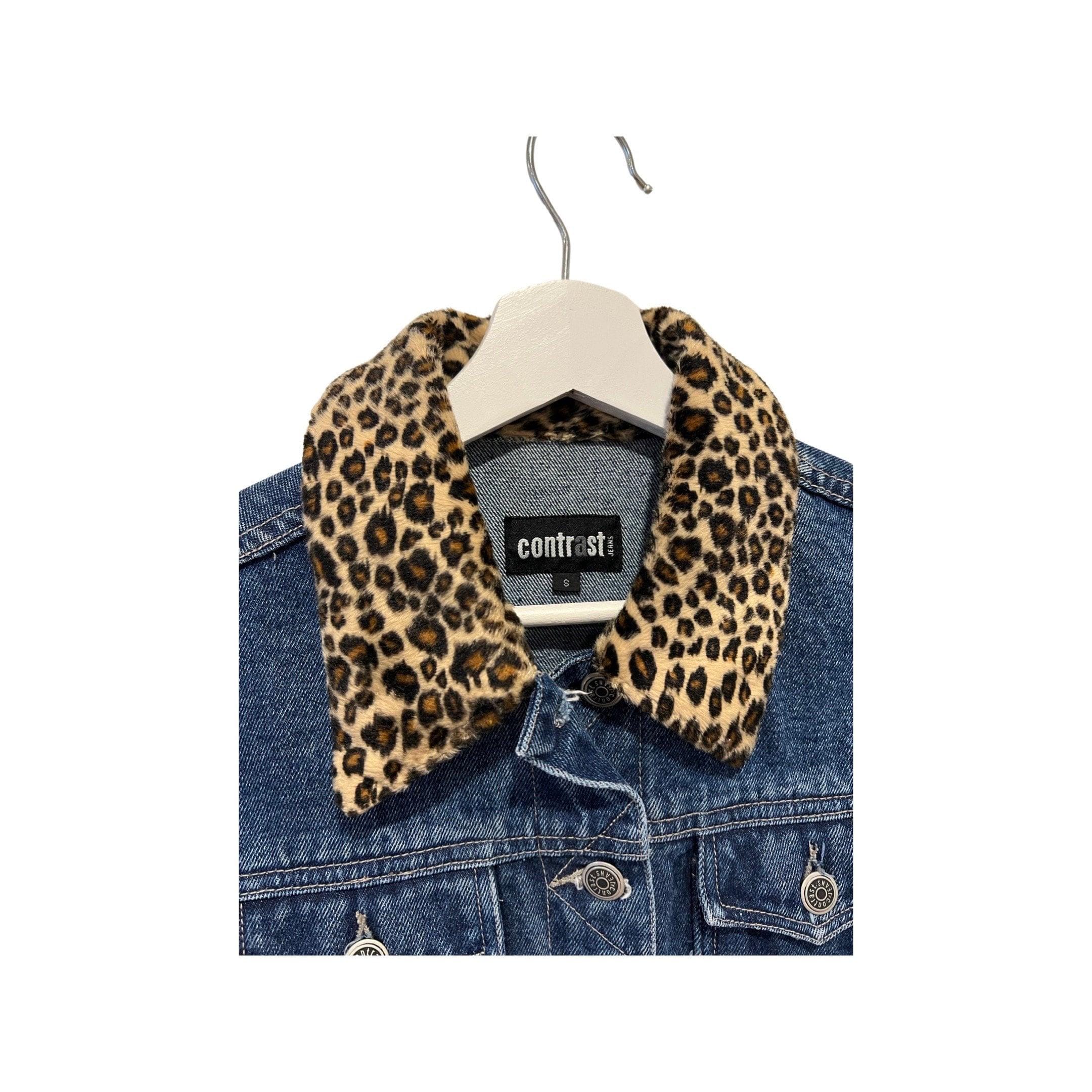 Vintage 90s Denim Jacket With Leopard Print Trim - Dark Blue 