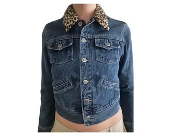 Vintage 90s Denim Jacket with Leopard Print Trim - Dark Blue, Fitted Fit, Fashionista&#39;s Dream, Size Small