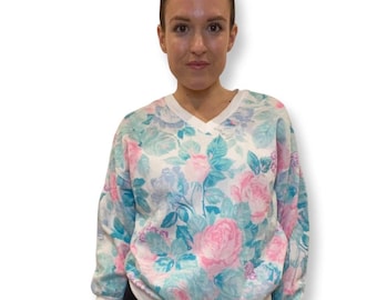 80's Ski Sweater, Deadstock, Floral Print Retro Printed Sweater, Oversized, Warm Cozy Sweater, New With Tags, size Large