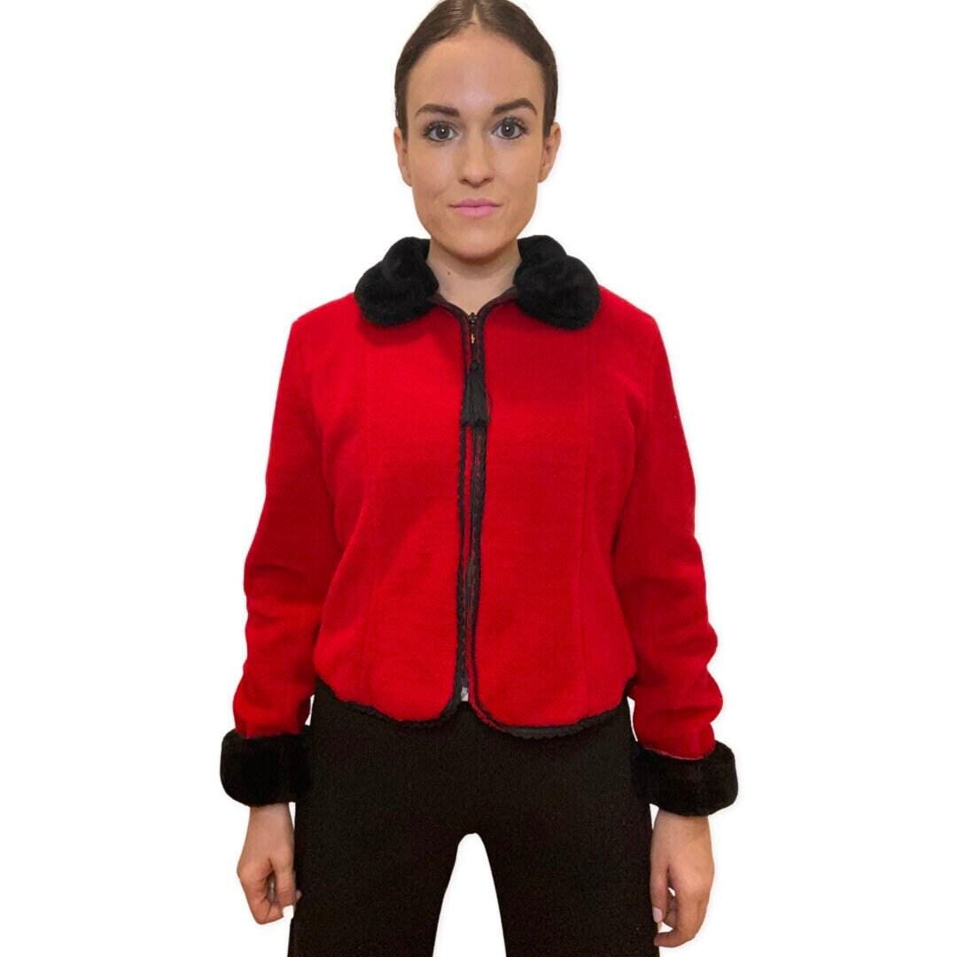 Vintage Fleece Jacket Zip, up Faux Fur Collar and Cuffs, Red