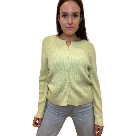 Green Cardigan, Vintage Pastel Green Cable Knit C… - image 1