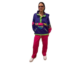 Vintage 1980s Rare Neon Windbreaker - Ski Vibe Lightweight Shell Fleece Sweater, Size Medium