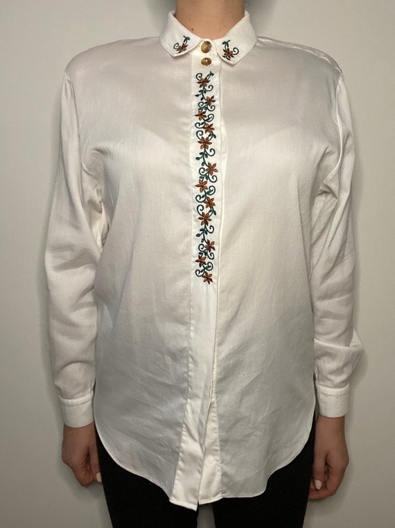Vintage Turkish 80s Printed Button Up Blouse, Long