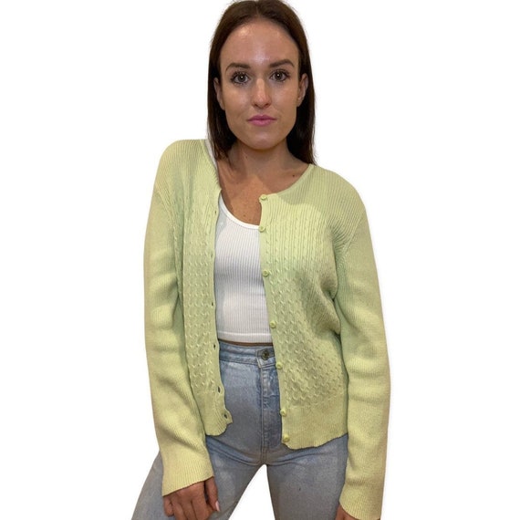 Green Cardigan, Vintage Pastel Green Cable Knit C… - image 7