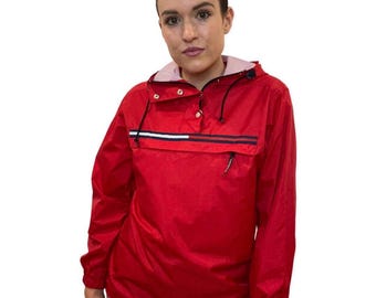 Tommy Hilfiger, 90s Windbreaker, Jackets and Coats, Vintage Red Hilfiger Pullover Rain Jacket, xs Rain Coat, Streetwear, Small, Retro Ski