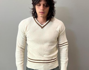 Vintage 70s Cream and Brown Knit Sweater / Large
