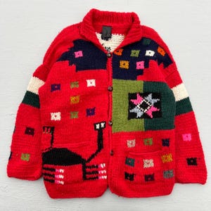 Rare Vintage 70s Multi Color Button Up Hand Knit Cardigan Sweater // Knitwear • fits like L