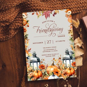 Friendsgiving Dinner Invitation, Autumn Floral Thanksgiving Invitation, Friends Giving Invitation, Fall Invite, DIY Editable Template 0028b