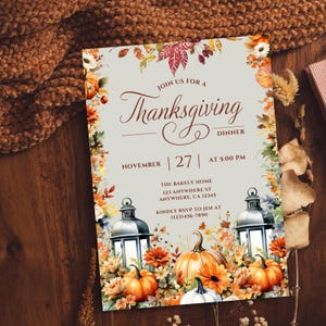 Thanksgiving Dinner Invitation, Autumn Floral Thanksgiving Invitation, Friends Giving Invitation, Fall Invite, DIY Editable Template 0028a