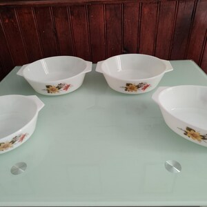Peut inclure: Un ensemble de quatre bols en verre opalin blanc avec poignées latérales intégrées. Chaque bol présente un motif floral sur l'extérieur, affichant des fleurs jaunes et orange avec des feuilles vertes. Les bols ont une forme arrondie et lisse.