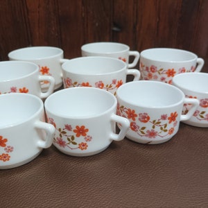 Vintage! Lot de 9 Tasses Arcopal Scania Orange Petites Fleurs 70's Flower Power