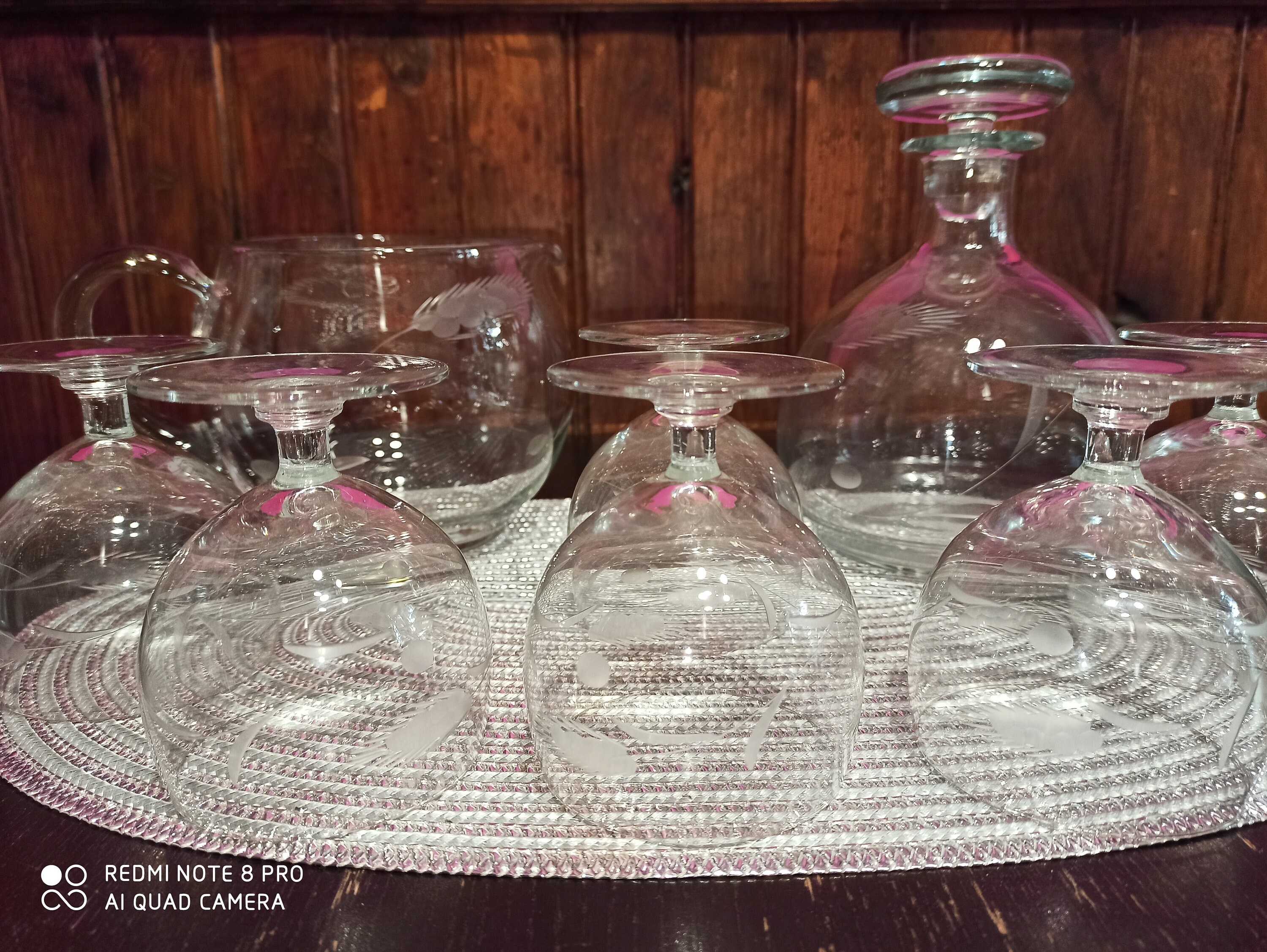 Magnifique Lot de 2 Carafes avec 6 Verres Ciselé Motif Epis Blé Années 50