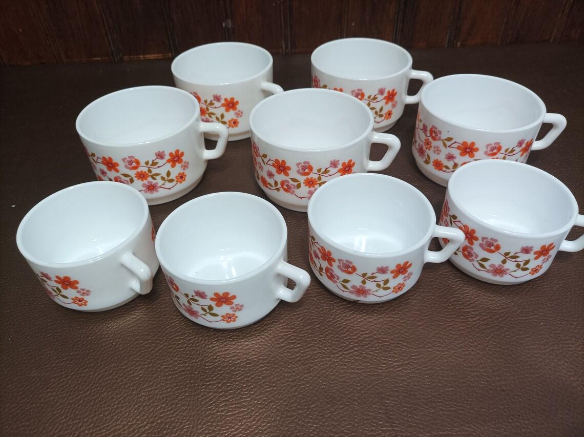 14 TASSES À cafe de 125ml + 2 de 250ml Arcopal multi fleurs orange année 1980 . EUR 20,30 - FR