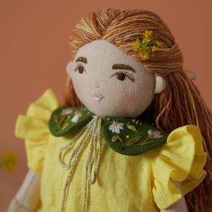 Natural Linen Doll 42 cm - Handmade Textile Doll with Embroidered Collar - Fabric Art Doll - Sunny Handmade Doll for play and decor
