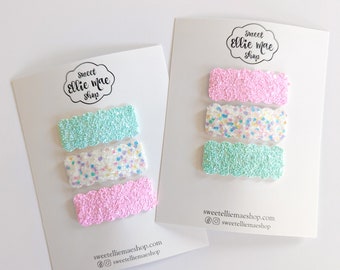 Spring glitters, bright spring colors,  hair clips for toddlers and girls, snap clips, glitter clips, fringe clips