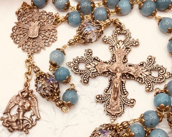 ROSARY ~ Archangel St Michael ~ Jade Beads  ~ Crystal ~ Communion Confirmation ~ RCIA ~ Handmade ~ FREE Priority Shipping!