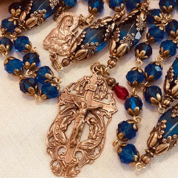 Rosary ~ Blue Crystal ~ Our Lady of Sorrows ~Handmade ~ Heirloom Quality