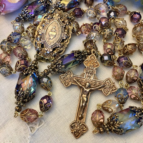 Rosary ~ Pastel Quartz Beads ~ Sacred Heart of Jesus ~ French Crucifix