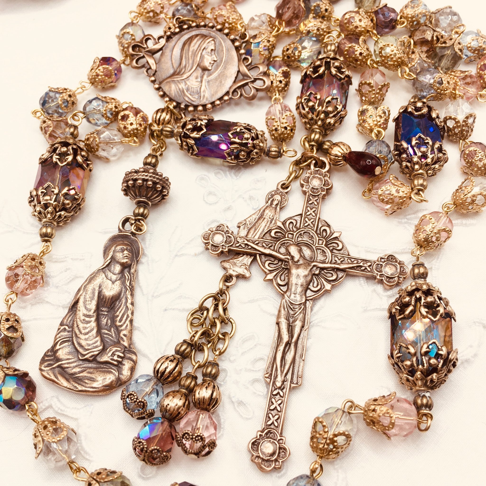 St Mary Magdalene Rosary: Pastel Quartz, Bronze French Crucifix