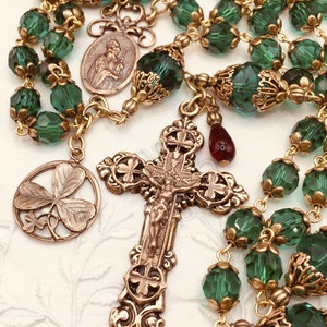 Irish Rosary ~St. Patrick & St Bridget ~ Shamrocks ~ Emerald Green Crystals ~ Bronze ~ Handmade ~