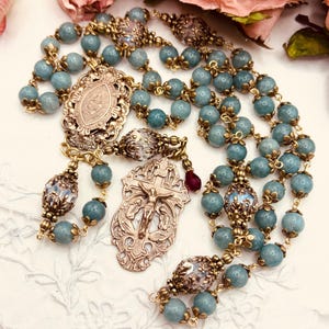 ROSARY ~ Sacred Heart of Jesus~ Blue-Green Jade ~ Bronze ~ Handmade ~ Heirloom Quality ~ Communion ~ Confirmation ~ RCIA