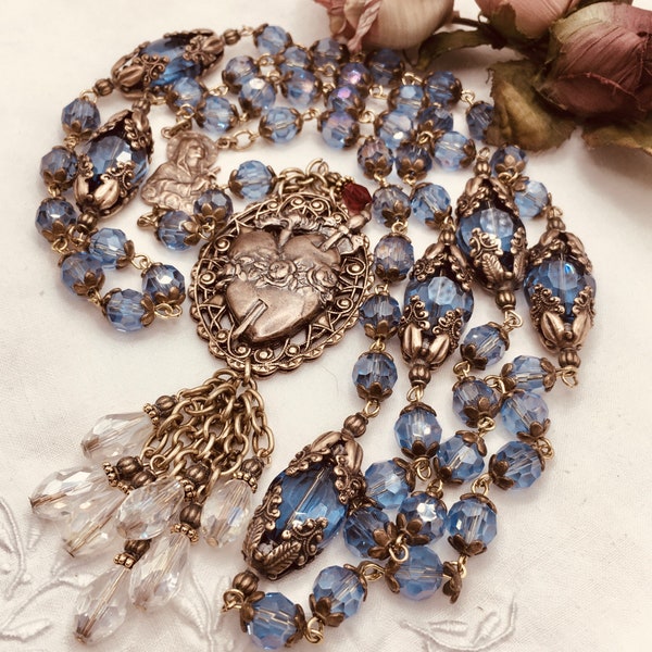 Servite Rosary~ A2 ~ Seven Sorrows Rosary ~ Light Blue Crystals ~ Our Lady of Sorrows ~ Handmade ~ Heirloom Quality ~ Bronze