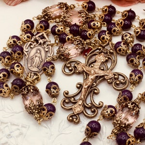 ROSARY ~ Fleur de Lis ~ Genuine Dark Purple Jade Beads ~ Miraculous Medal ~ Heirloom Quality~ Handmade