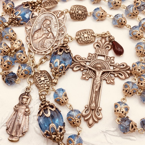 Rosary ~ Our Lady of Perpetual Help ~ The Infant Jesus Light Blue Crystals ~ French Crucifix ~ Handmade ~ Communion ~ Confirmation ~ RCIA