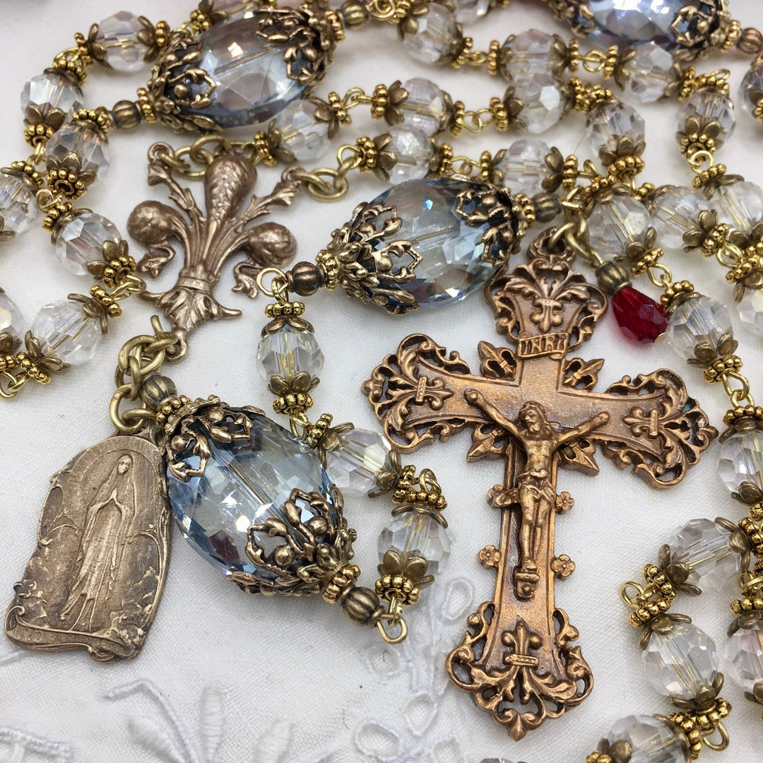 Rosary Our Lady of Lourdes St. Bernadette Crystal French Fleur De Lis