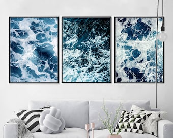 Ocean Prints Set, Scandinavian Posters, Waves Minimalist Art, Blue Wall Art