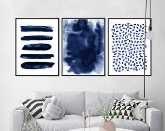Large Wall Art, Navy Blue Abstract Art, Set of 3 Paintings, Boho Home Decor, Large Abstract Painting, Minimalist Print, Navy Blue Art Print