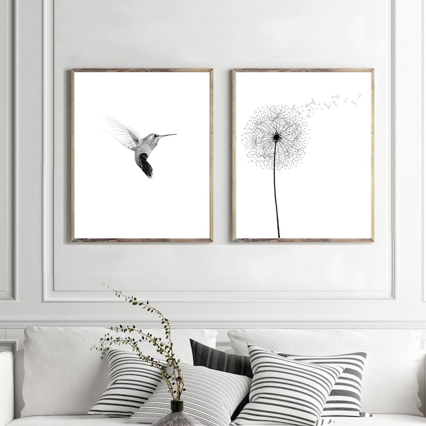 Dandelion Hummingbird Prints Black and White Wall art Birds Plants Scandinavian Posters Set of 2 Prints Minimalist Boho Decor Nordic Prints