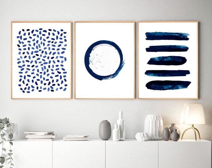 Navy Blue Wall Art Set of 3 Abstract Watercolor Prints - Etsy