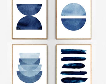 Abstract Watercolor Painting Prints Set Blue White Indigo Blue Wall art Navy art Print Circle Stripes Geometric art Minimalist Poster Boho