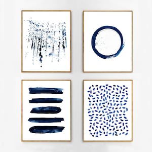 Abstract Wall Art Navy Blue Prints Set Watercolor Paintings Dots Stripes Circle Splatter Minimalist art Coastal Boho Decor Large Abstract