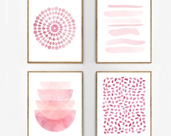 Pink art Prints Set of 4 Wall art Abstract Watercolor Paintings Dots Dashes Stripes Brushstrokes Nursery art Blush Rose Minimalist Printable