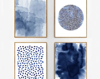 Abstract Watercolor Set Indigo Blue Wall art Large Navy Prints Minimalist art Minimal Contemporary Modern art Paint Splatter Stripes Beach