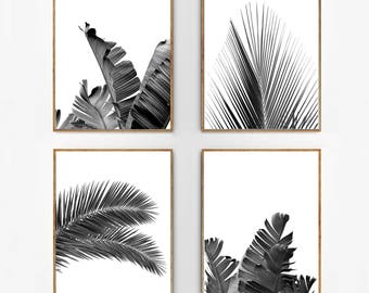 Set of 4 Tropical Leaves Leaf Prints set Black White Wall art Minimalist Poster Palm Leaf Banana Leaf Tropical Wall art Nordic Nature Prints