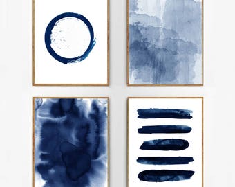 Abstract Watercolor Set Indigo Blue Wall art Large Navy Prints Minimalist art Minimal Contemporary Modern art Circle Stripes Beach Decor