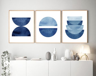 Set of 3 Prints Blue Wall art Navy Home Decor Indigo Blue Art Watercolor Prints Abstract Art Prints Set Blue and White Decor