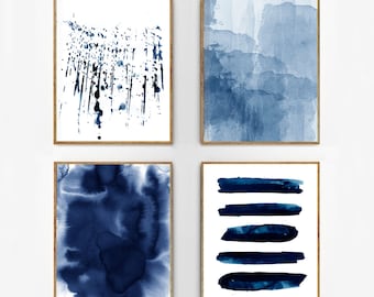 Abstract Watercolor Set Indigo Blue Wall art Large Navy Prints Minimalist art Minimal Contemporary Modern art Paint Splatter Stripes Beach