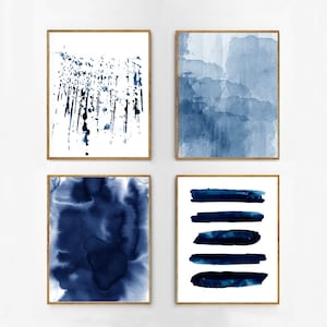 Abstract Watercolor Set Indigo Blue Wall art Large Navy Prints Minimalist art Minimal Contemporary Modern art Paint Splatter Stripes Beach