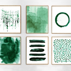 Large Wall art Emerald Green Abstract Watercolor Paintings Minimalist Prints Stripes Dots Splatter Circle Scandinavian Art Nordic Minimal image 1