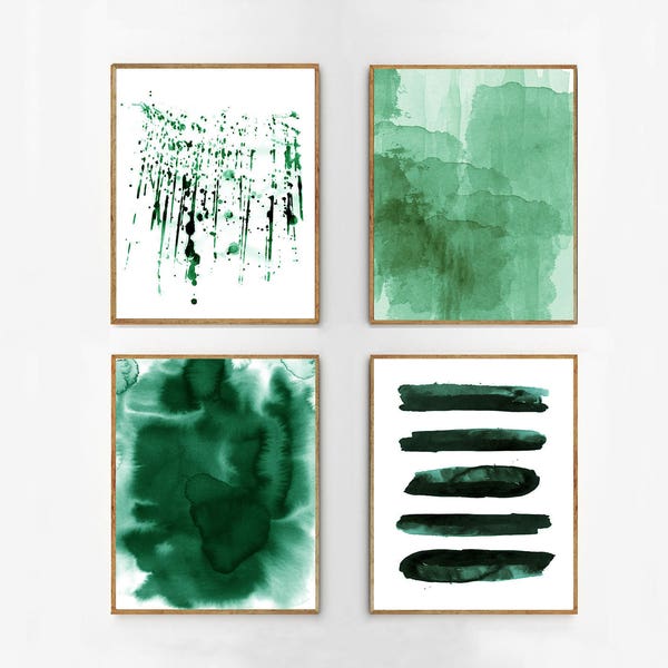 Large Abstract Prints Set Green Wall art Emerald Stripes Paint strokes Brushstrokes Minimalist art Modern art Contemporary Abstract Painting