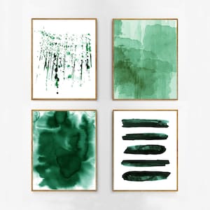 Large Abstract Wall art Green Watercolor Paintings Minimalist art Emerald Green Stripes Paint strokes Splatter Abstract Prints Printable