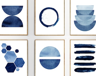 Abstract Watercolor Prints Set of 6 Blue Wall art Minimalist art Indigo Painting Navy Stripes Hexagons Geometric art Blue White Home Decor